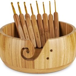 Wooden Yarn Bowl Holder, Craft Knitting Bowl with 8pcs Metal Crochet Hooks