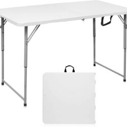 Folding Table 4 Foot Portable Heavy Duty Plastic Fold-in-Half Utility Table Small Indoor Outdoor Adjustable Height Folding with Carrying Handle, Camping and Party
